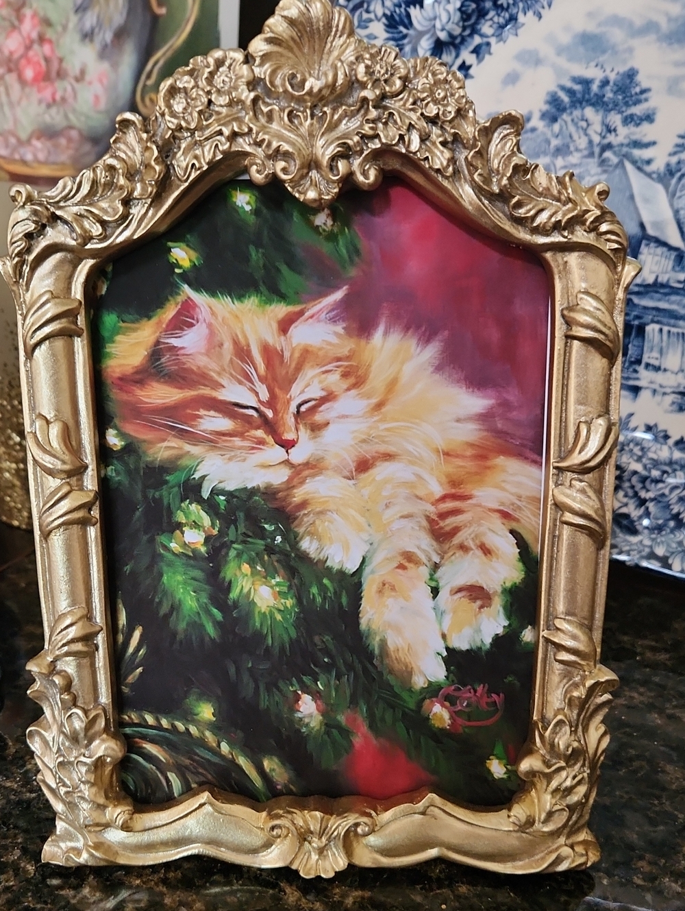 Ragdoll Sleeping Christmas Cat Art Print - 5x7" Print Gold Frame